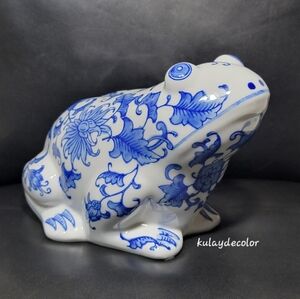 Cobalt Blue White Ceramic Frog Figurine Chinoiserie Vintage Style Statue 7.75”